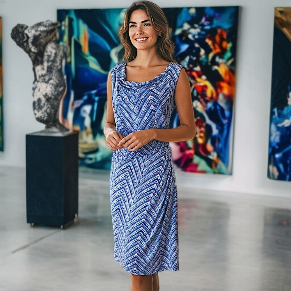 GILI Faux Wrap Dress 1X Blue Chevron Abstract Print Ruched Stretch Career Slinky